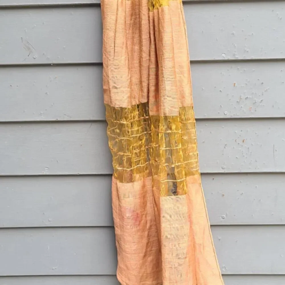 Raw Silk Feel Brown Scarf with Flowers